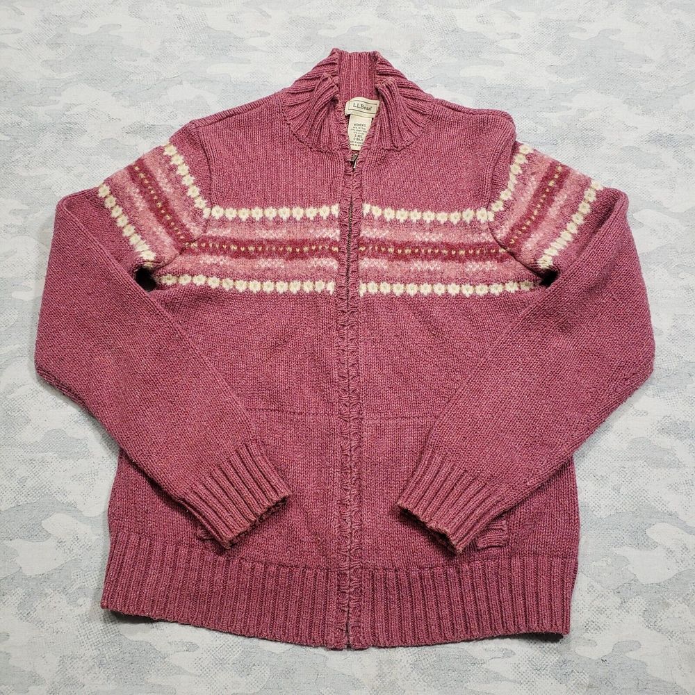 LL Bean Sweater Womens Small Pink Fair Isle Full Zip Mock‎ Neck